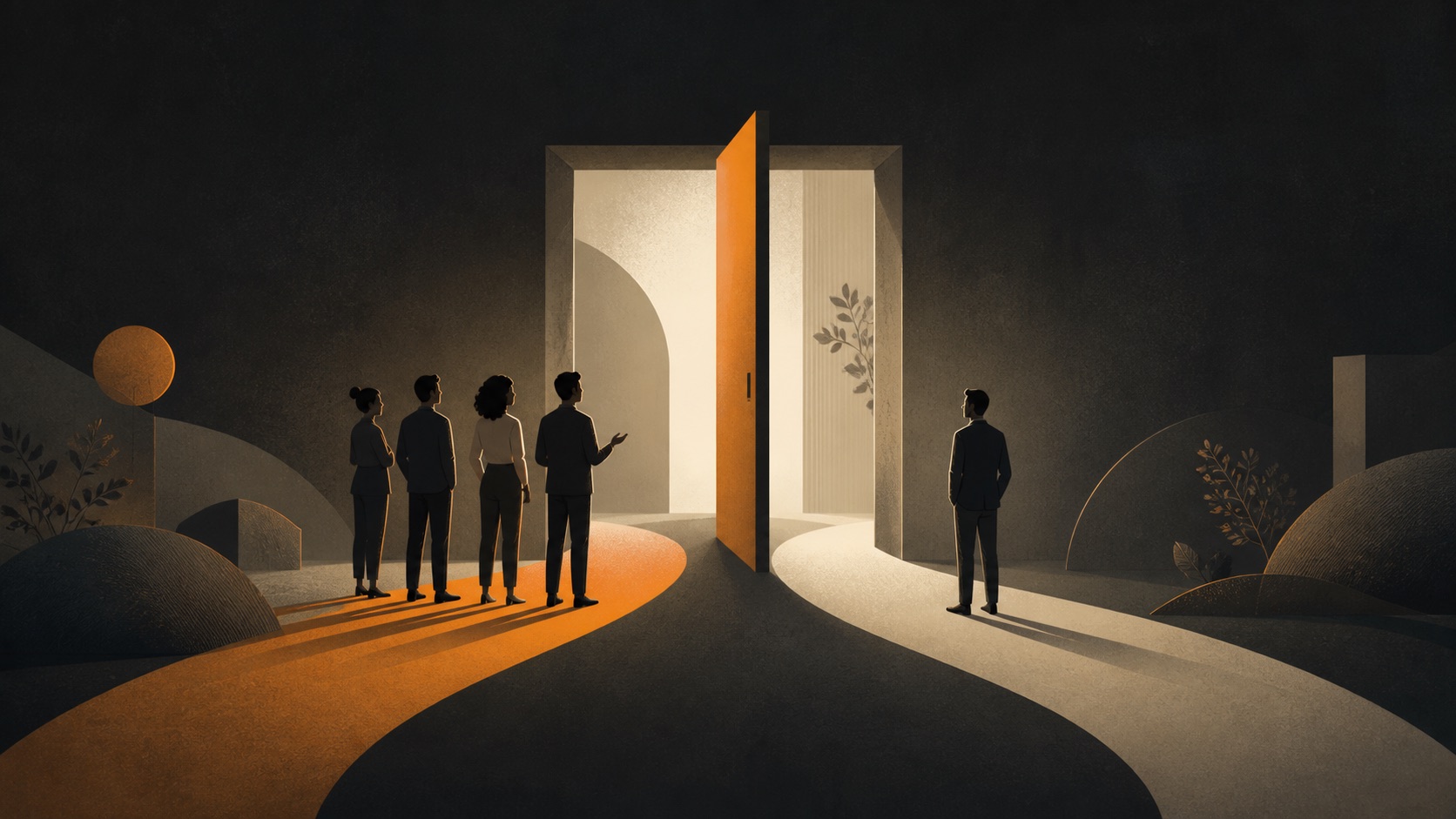 Four professionals and one individual follow two separate paths toward a shared illuminated doorway on a dark background.
