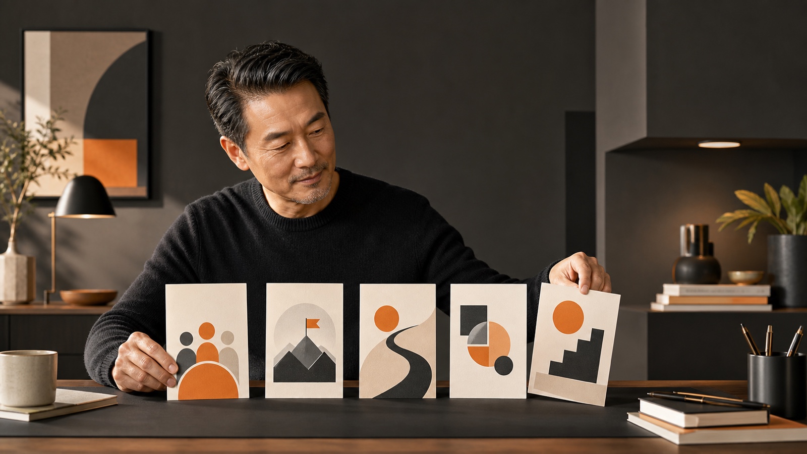 An experienced service professional arranges five abstract cards representing the building blocks of a trustworthy About page.